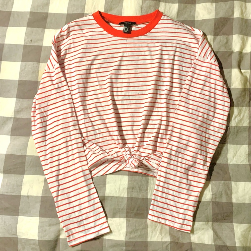F21 Red and white striped cropped long sleeve